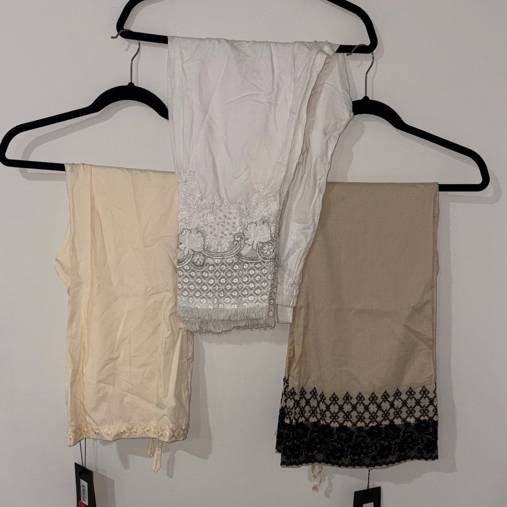 Lot of 3 Pants Trousers Shalwars White Beige and Beige with black border